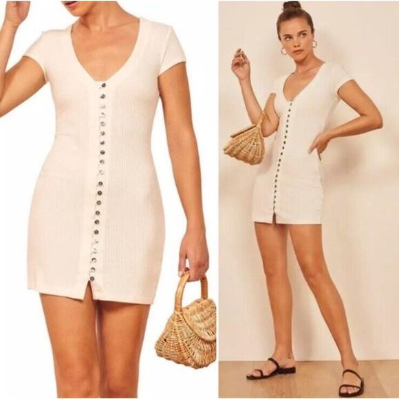 Reformation Jeans White Ribbed Ryder Button Front Mother Of Pearl Shirt Dress S - Picture 3 of 13
